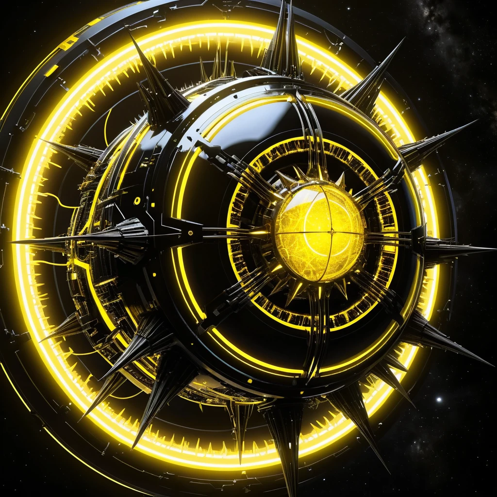 Sphère mécanique futuriste en orbite dans un espace jaune lumineux