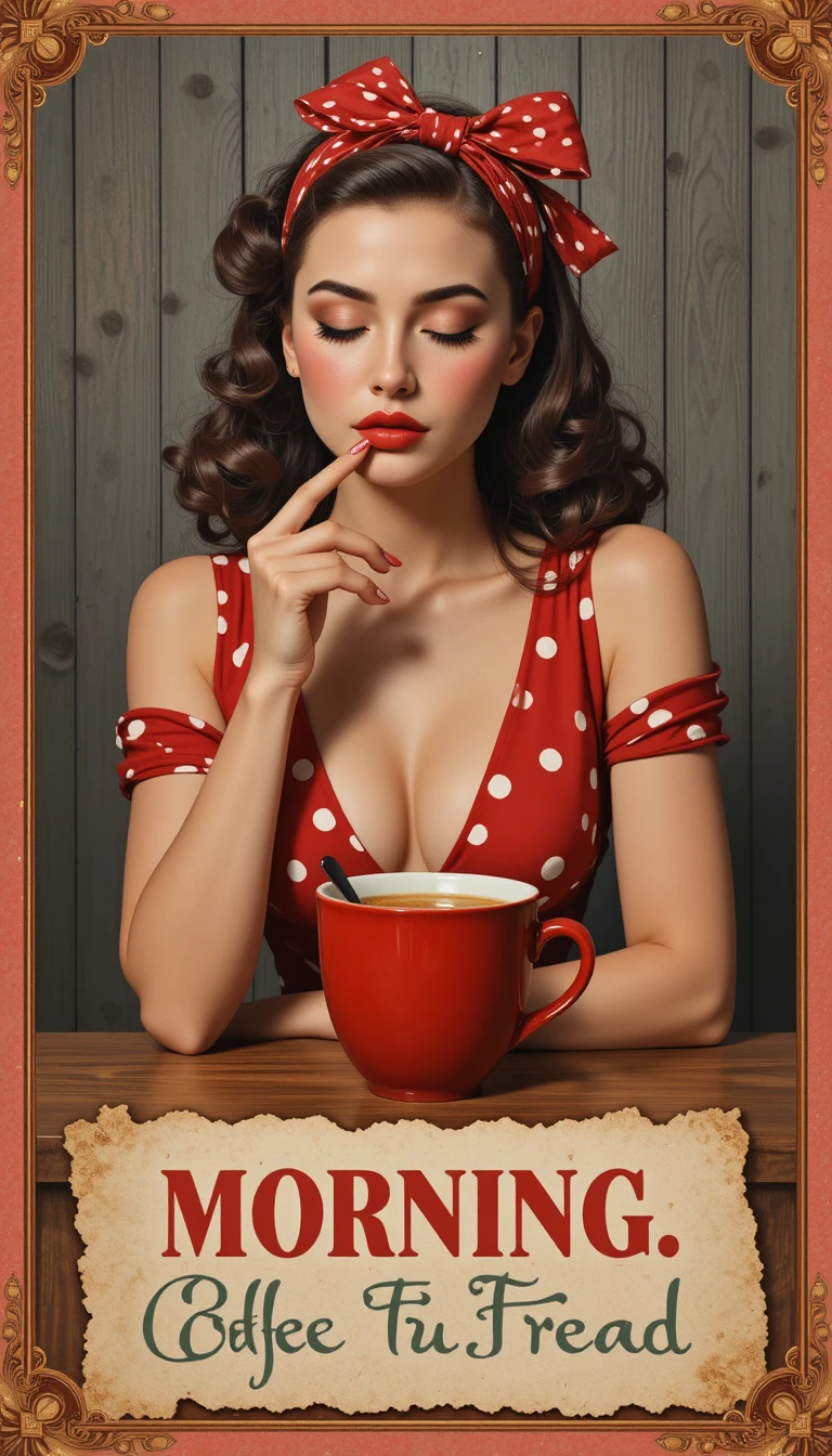 Mujer pin up juguetona con taza de café en mesa de madera