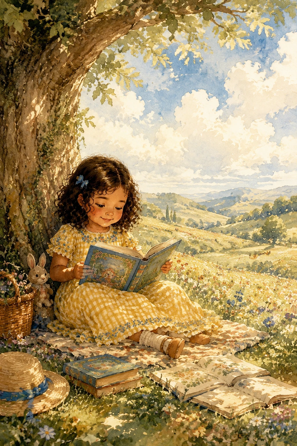 Niña leyendo bajo un árbol en un prado en acuarela