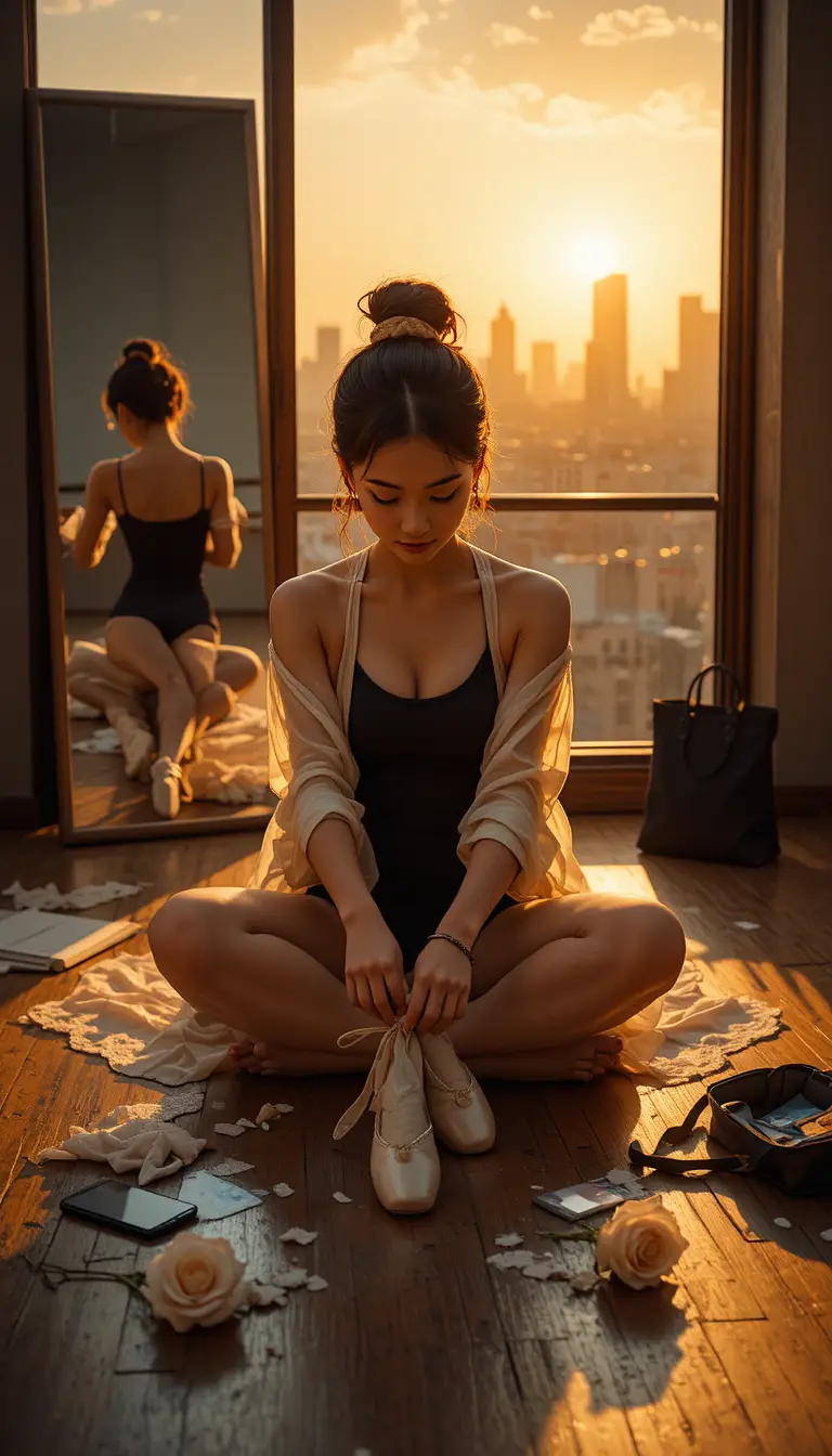 Asian ballerina resting on studio floor at sunset