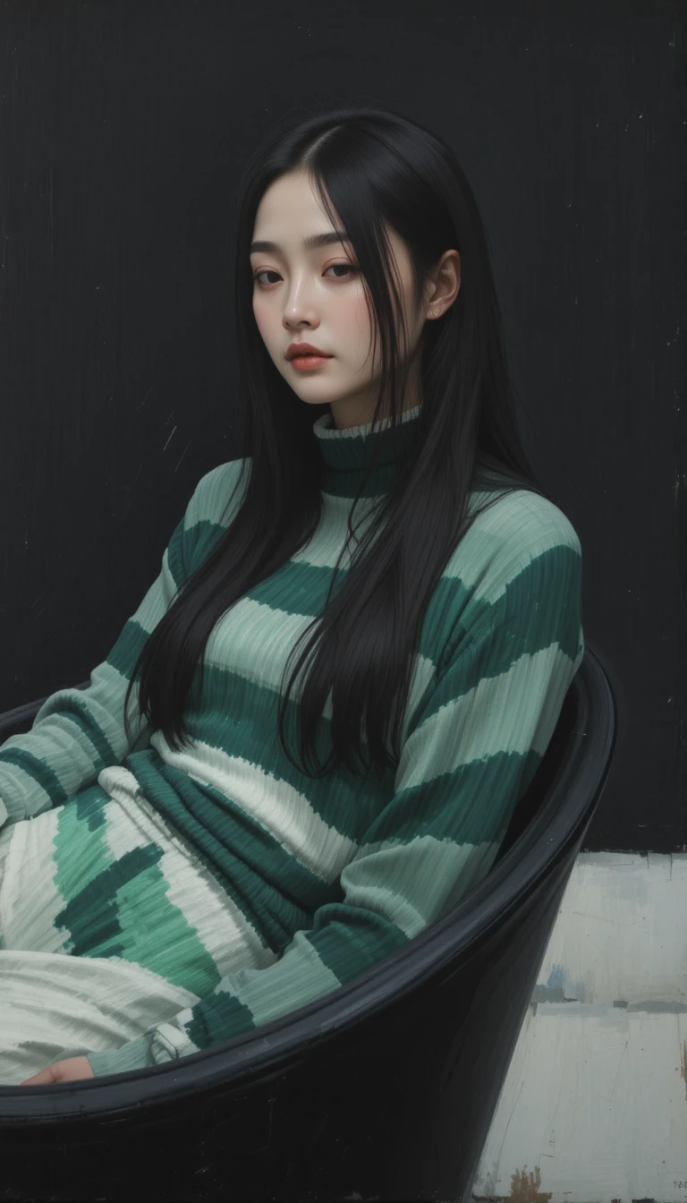 Retrato de mujer japonesa serena en sillón con suéter de cuello alto a rayas