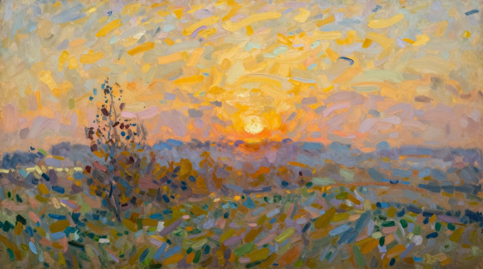 Sereno paisaje impresionista a la cálida luz del atardecer