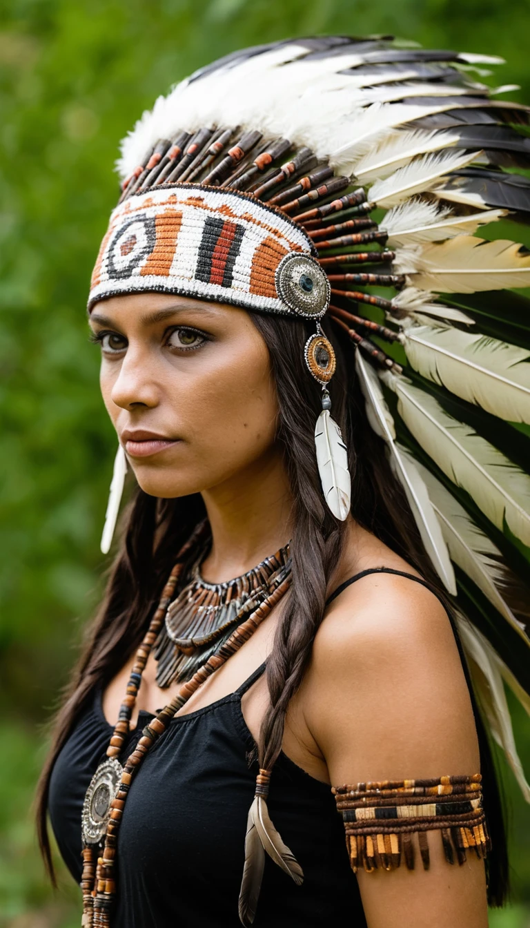 Mujer sensual con pintura corporal tribal y tocado de plumas