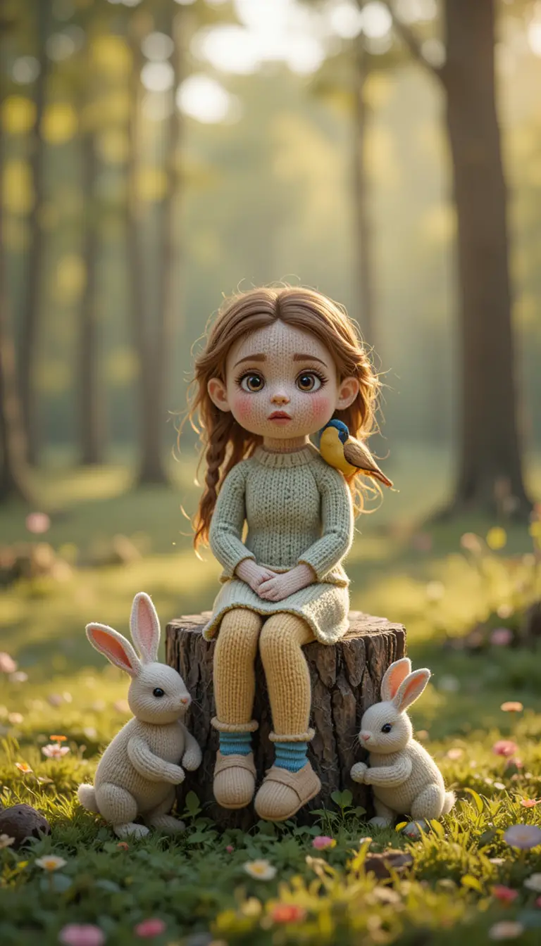 Knitted Girl In Forest Clearing With Rabbits And Bird
