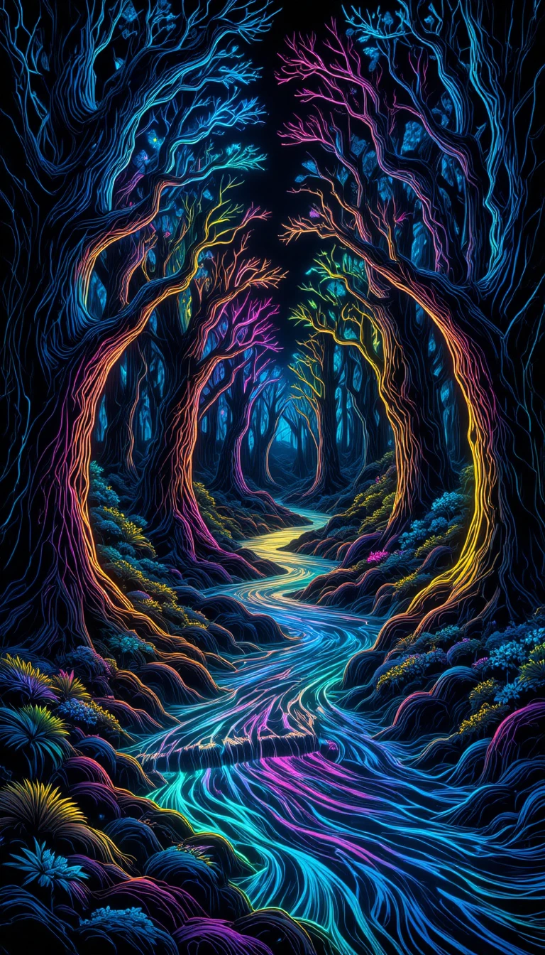 Mystischer Neon-Waldfluss in leuchtender Line-Art
