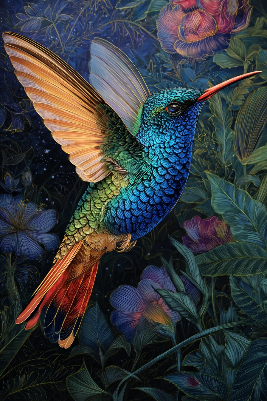 Pintura colorida de un colibrí en dinámico movimiento en espiral