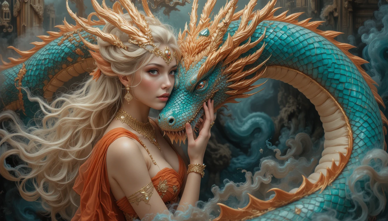 Zauberin mit orientalischem Drachen in fantastischer Ölgemälde-Szene