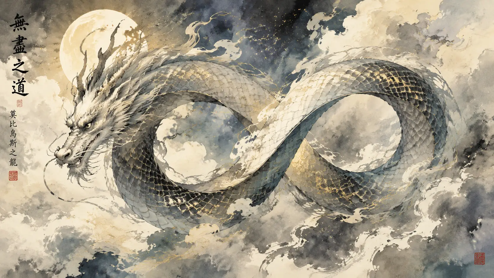 Celestial dragon spiraling through ethereal watercolor clouds