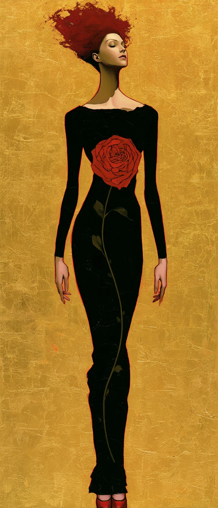 Pintura al óleo estilizada de una mujer pelirroja con una rosa