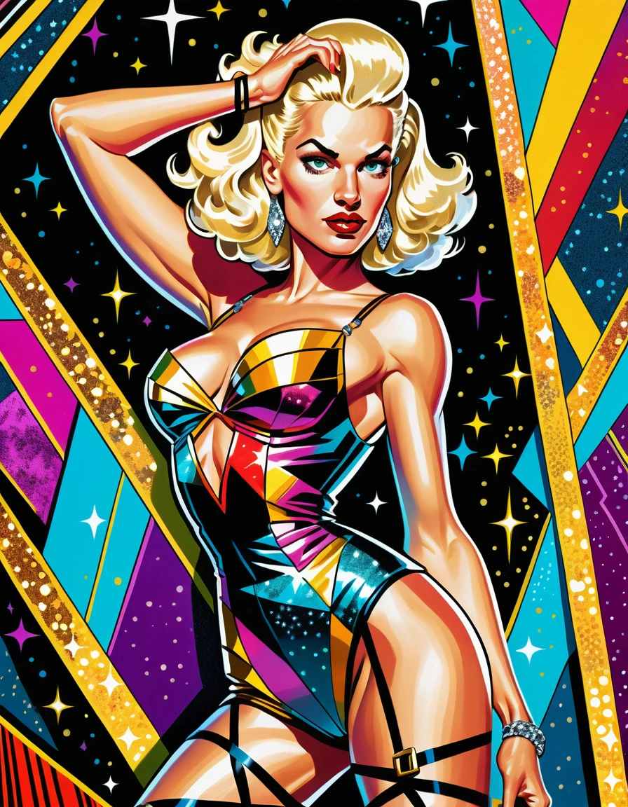 Mujer rubia platino con disfraz pin up brillante de tiras