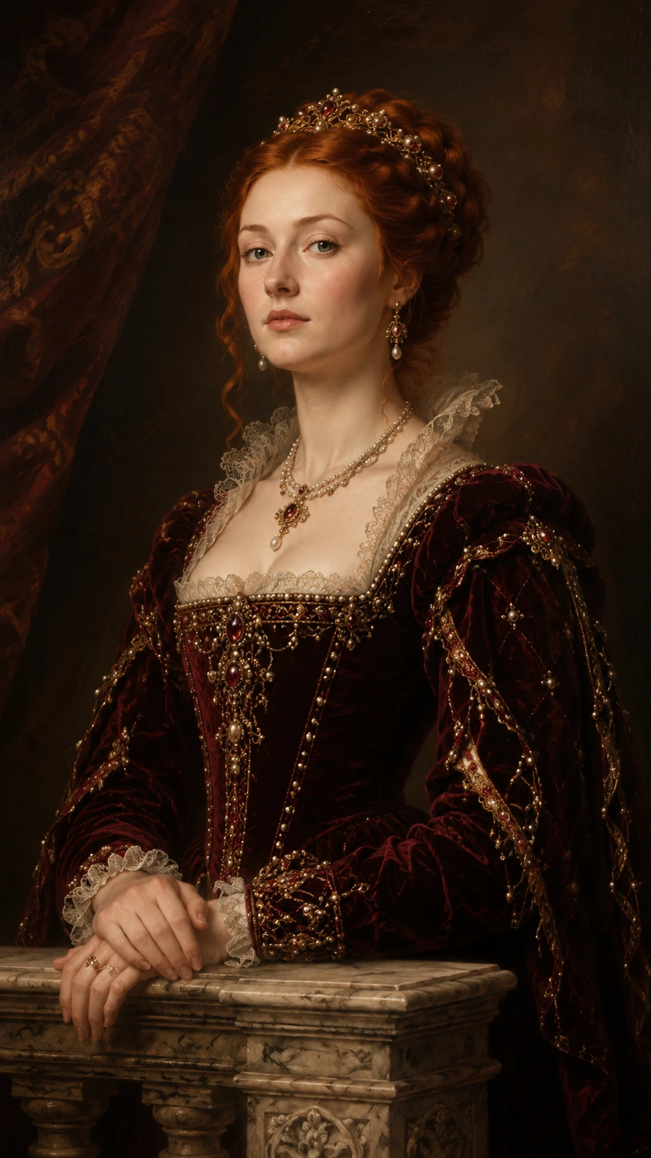 Retrato de noble renacentista con vestido de terciopelo burdeos