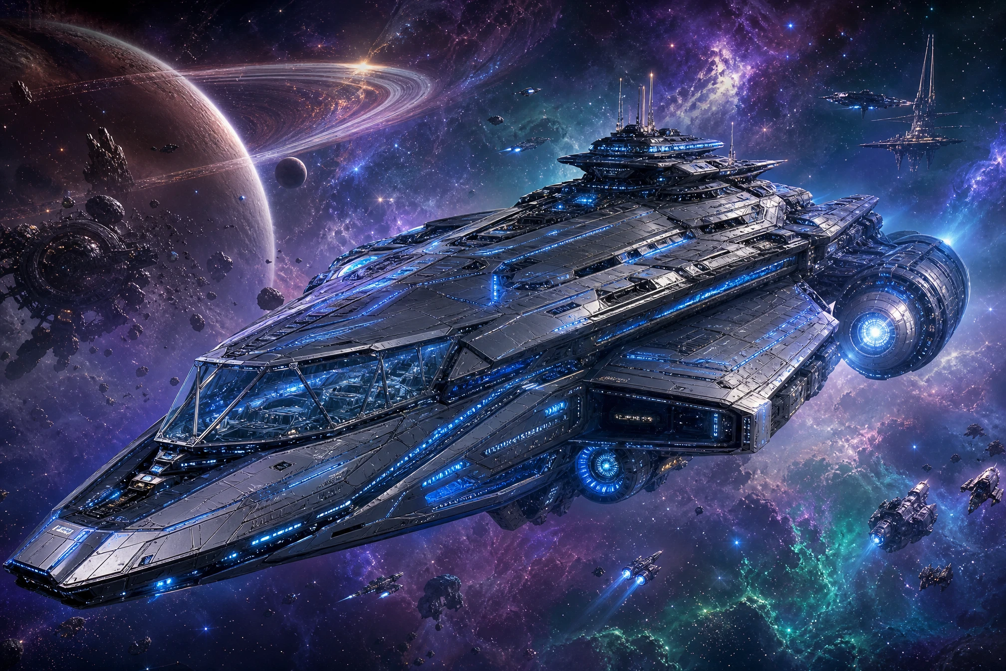 Nave espacial futurista y angular deslizándose por el profundo espacio colorido