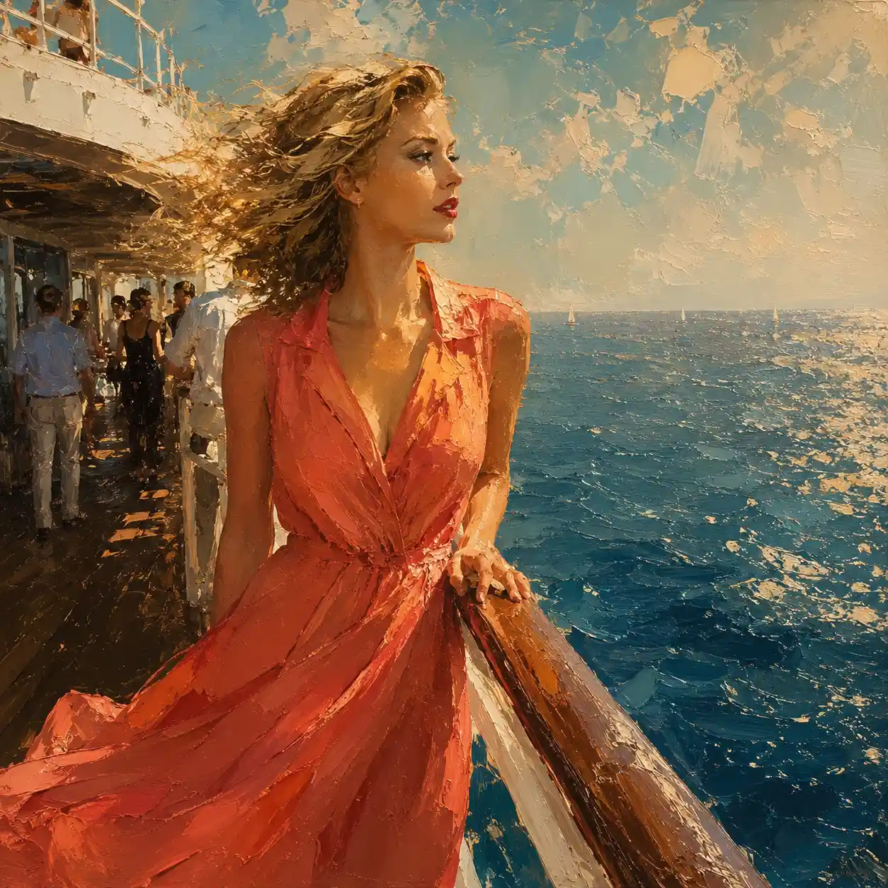 Femme blonde en robe de soie corail sur le pont d’un yacht