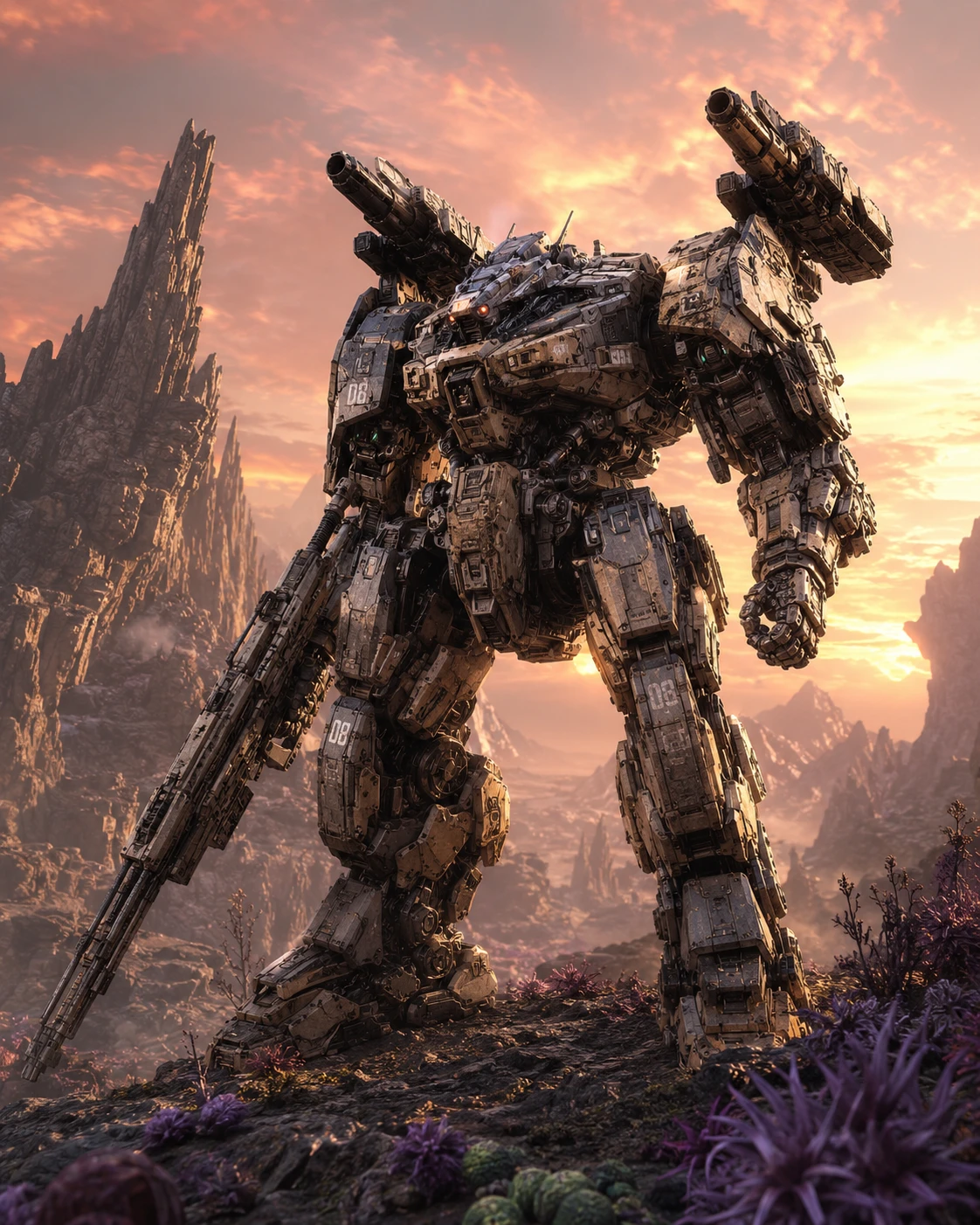 Colosal mecha blindado en un dramático paisaje alienígena
