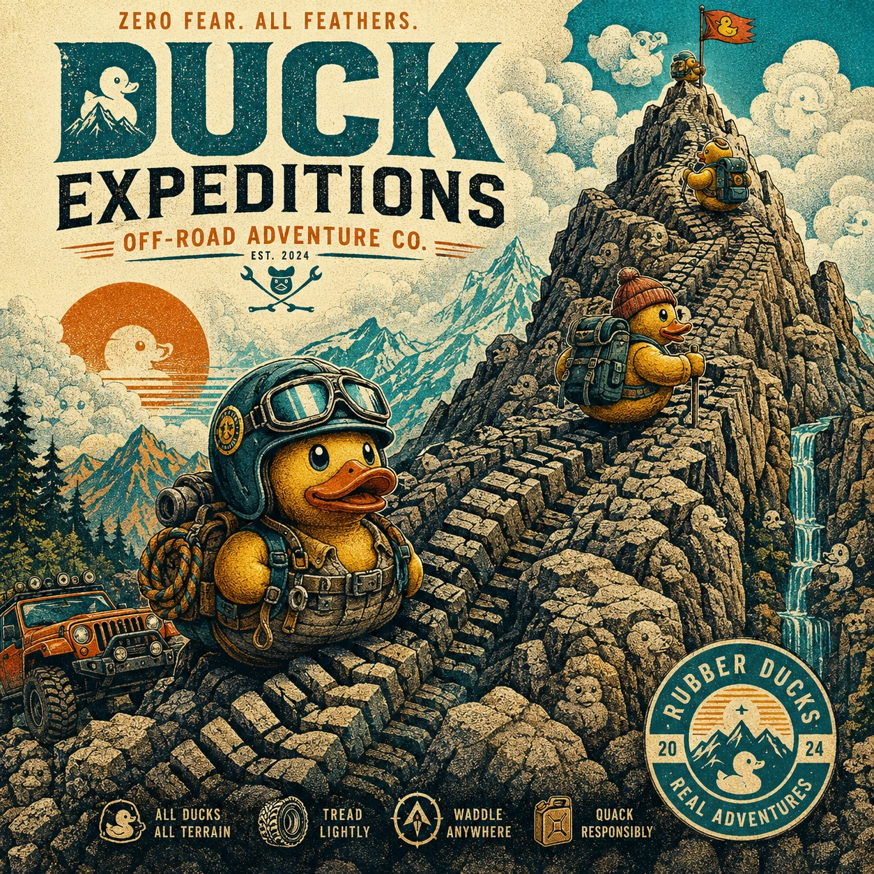 Patos de goma aventureros escalan senderos de montaña surrealistas