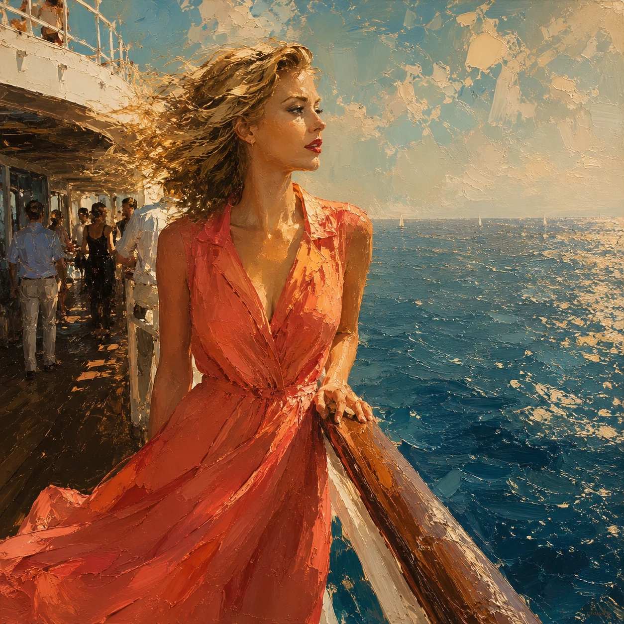 Blonde woman on yacht deck in coral silk dress