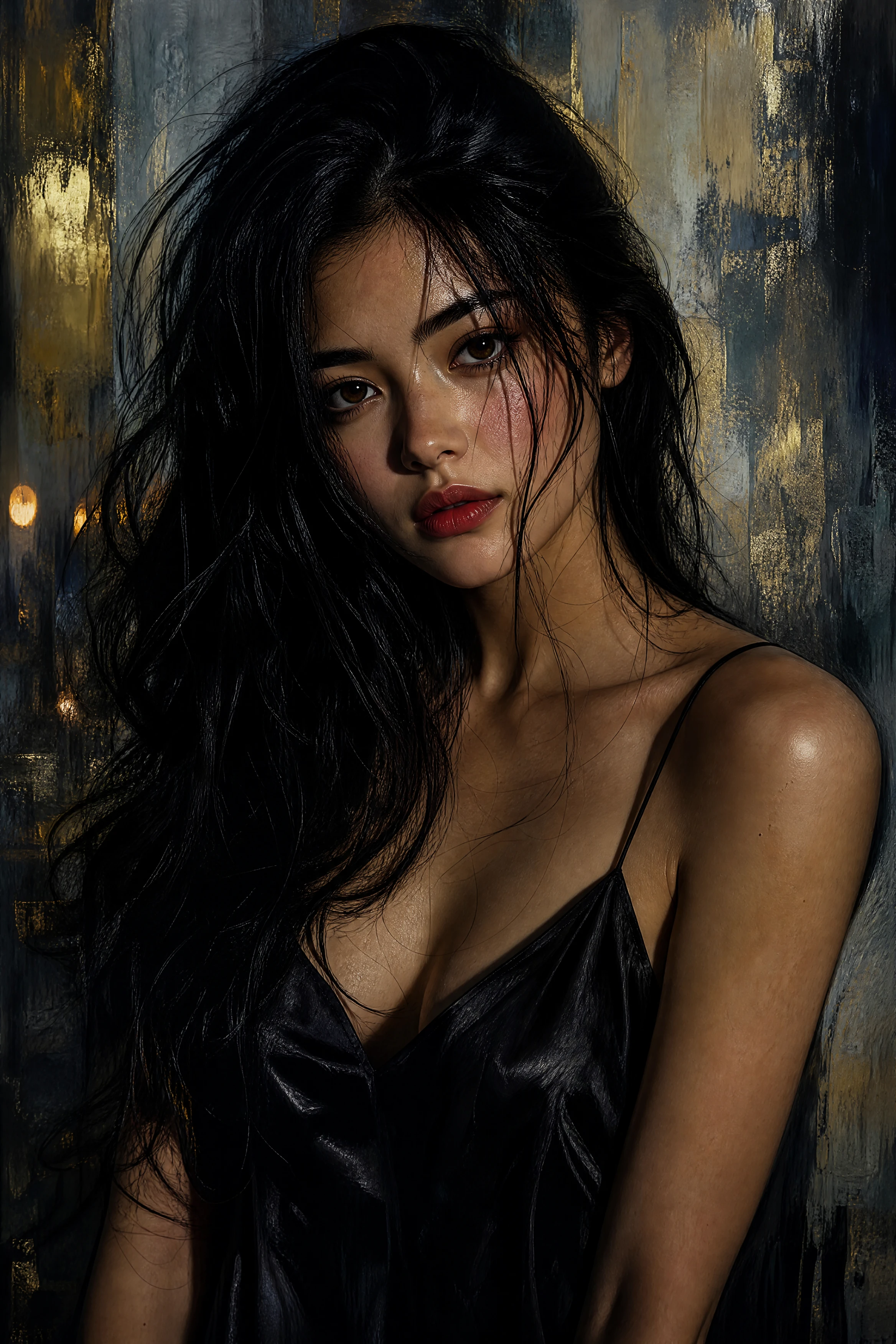 Retrato de una mujer joven con el cabello negro al viento