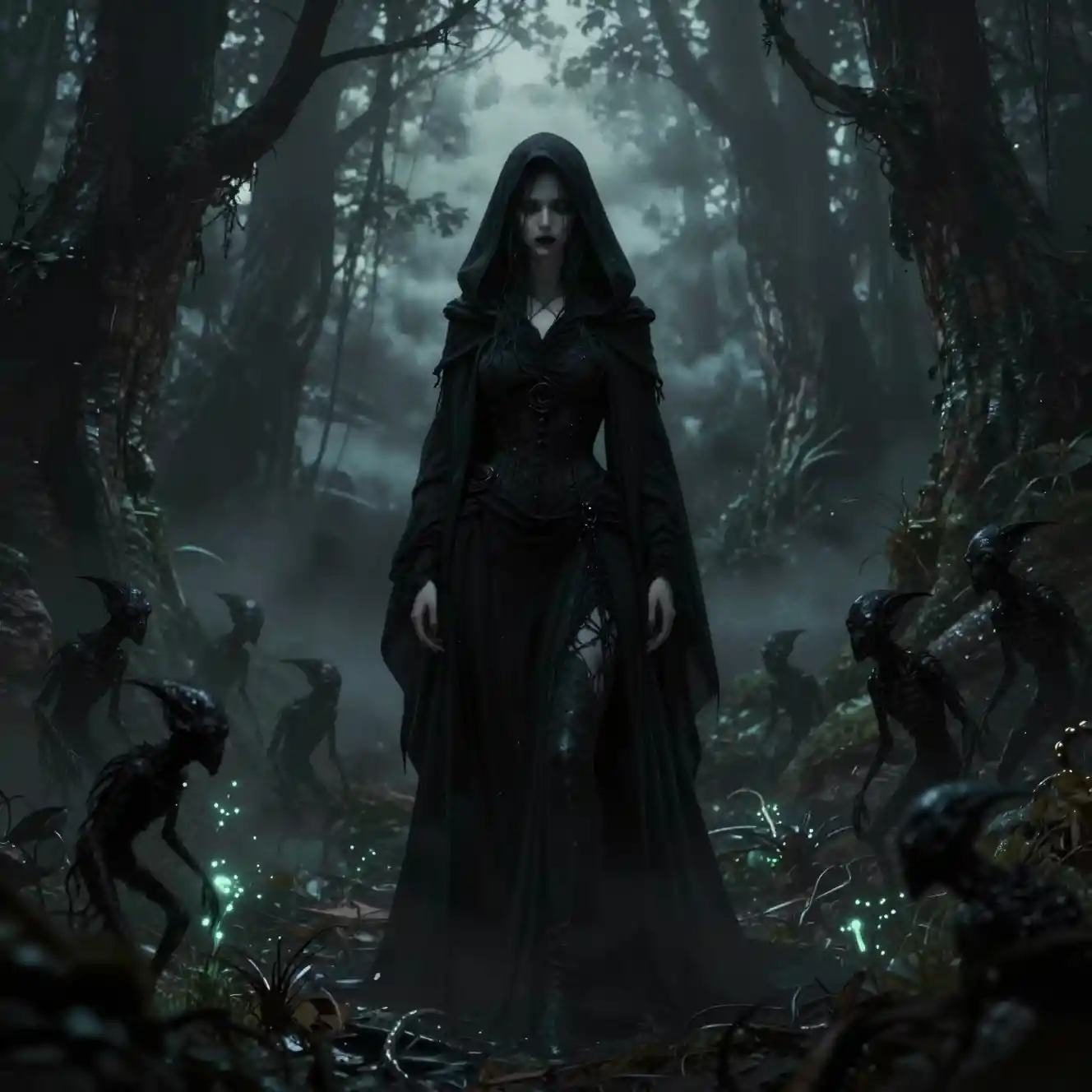 Mulher encapuzada em floresta sombria com criaturas sombrias