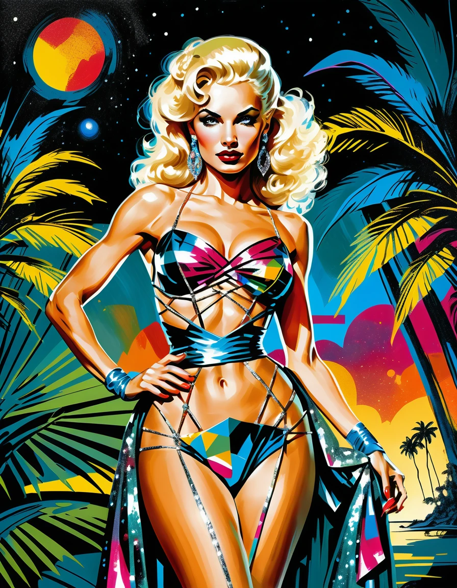 Platinum blonde pin up woman in sparkly fantasy costume
