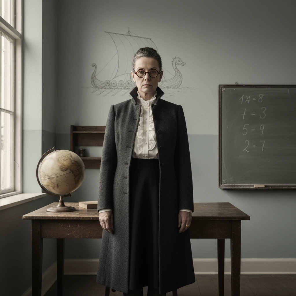 Severa maestra sueca en una escena de aula vintage