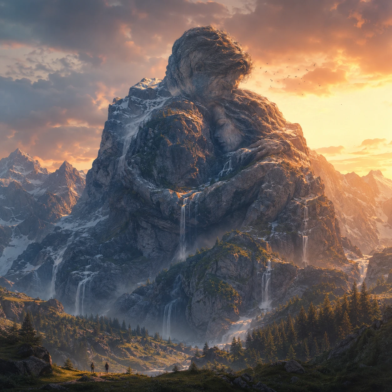 Paisaje montañoso al atardecer que forma un sutil abrazo humano