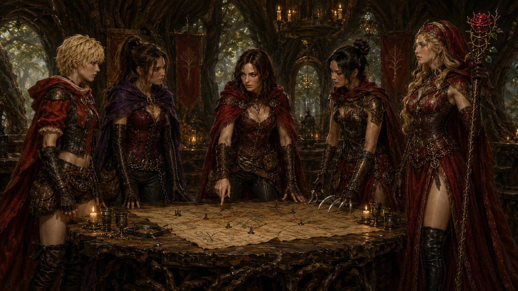 Mujeres planificando una batalla alrededor de un mapa en un salón de árboles