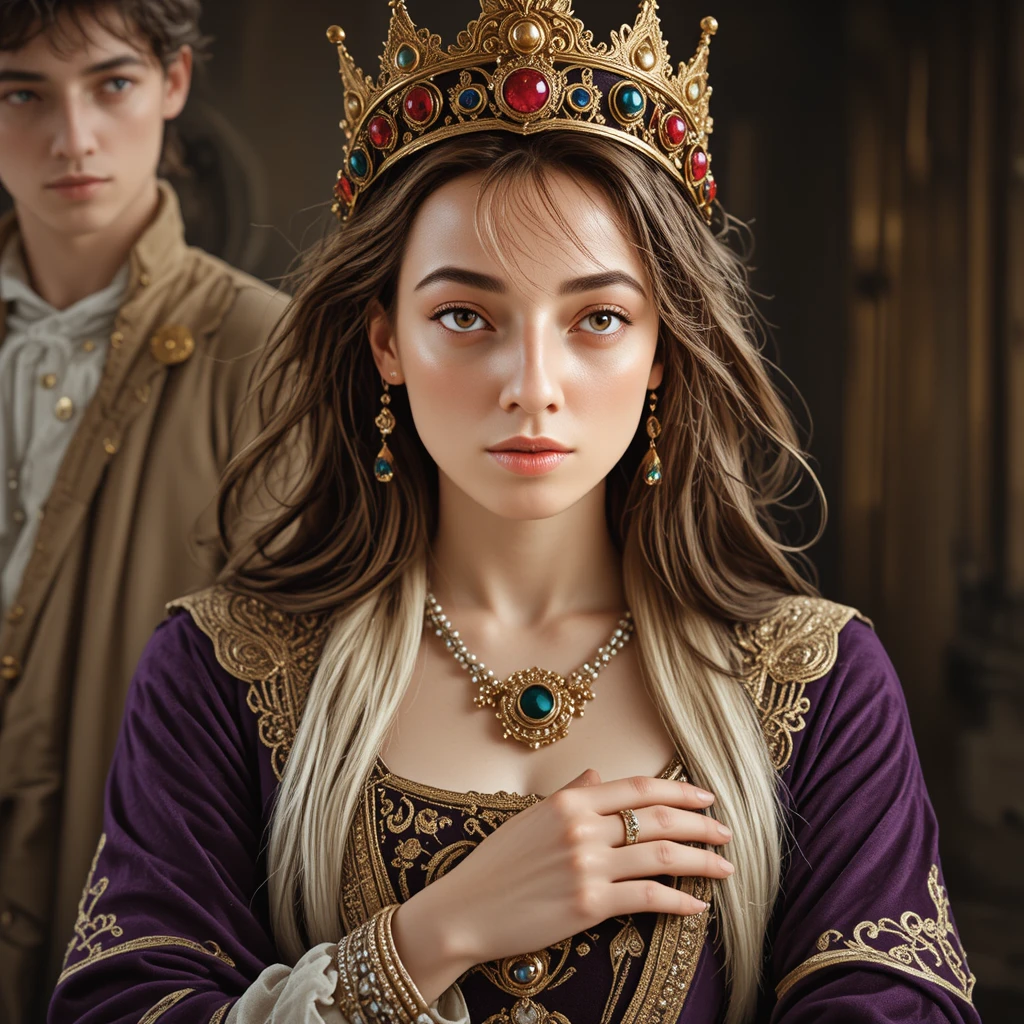 Retrato de joven mujer regia con corona medieval enjoyada