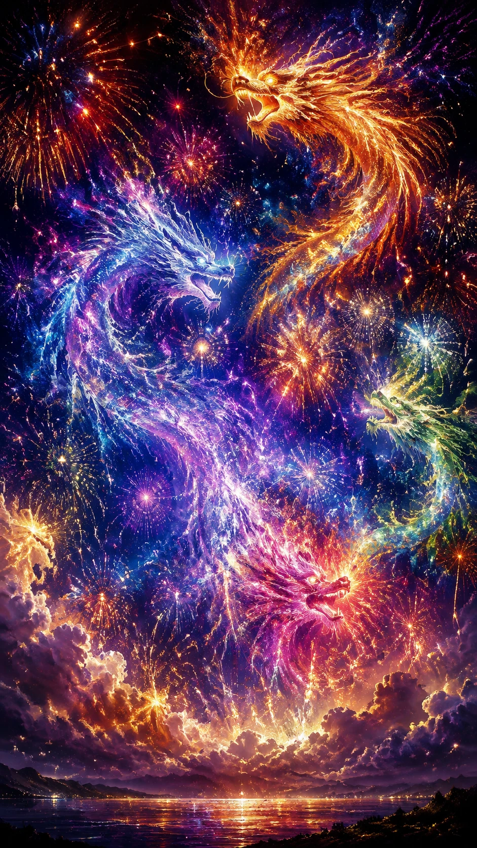 Dragones iridiscentes que emergen de una gigantesca explosión de fuegos artificiales cósmicos