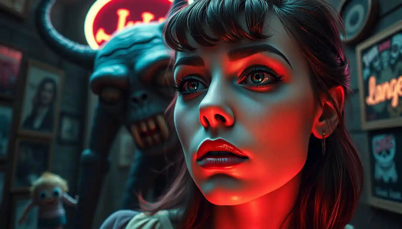 Surreales Porträt von Naomi in einem dunklen Vintage-Neonraum