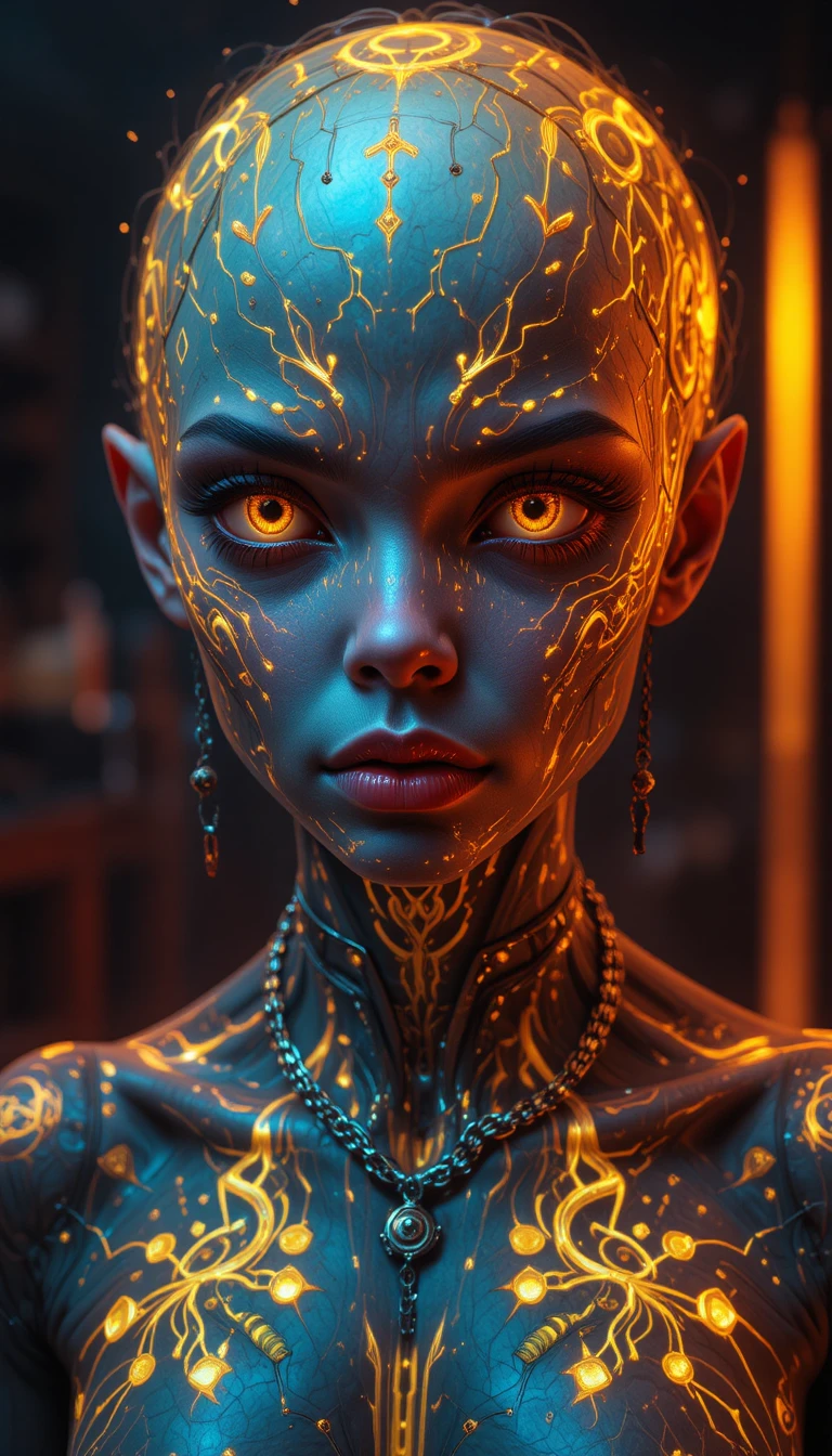 Retrato de alienígena cibernético con tatuajes de glifos brillantes