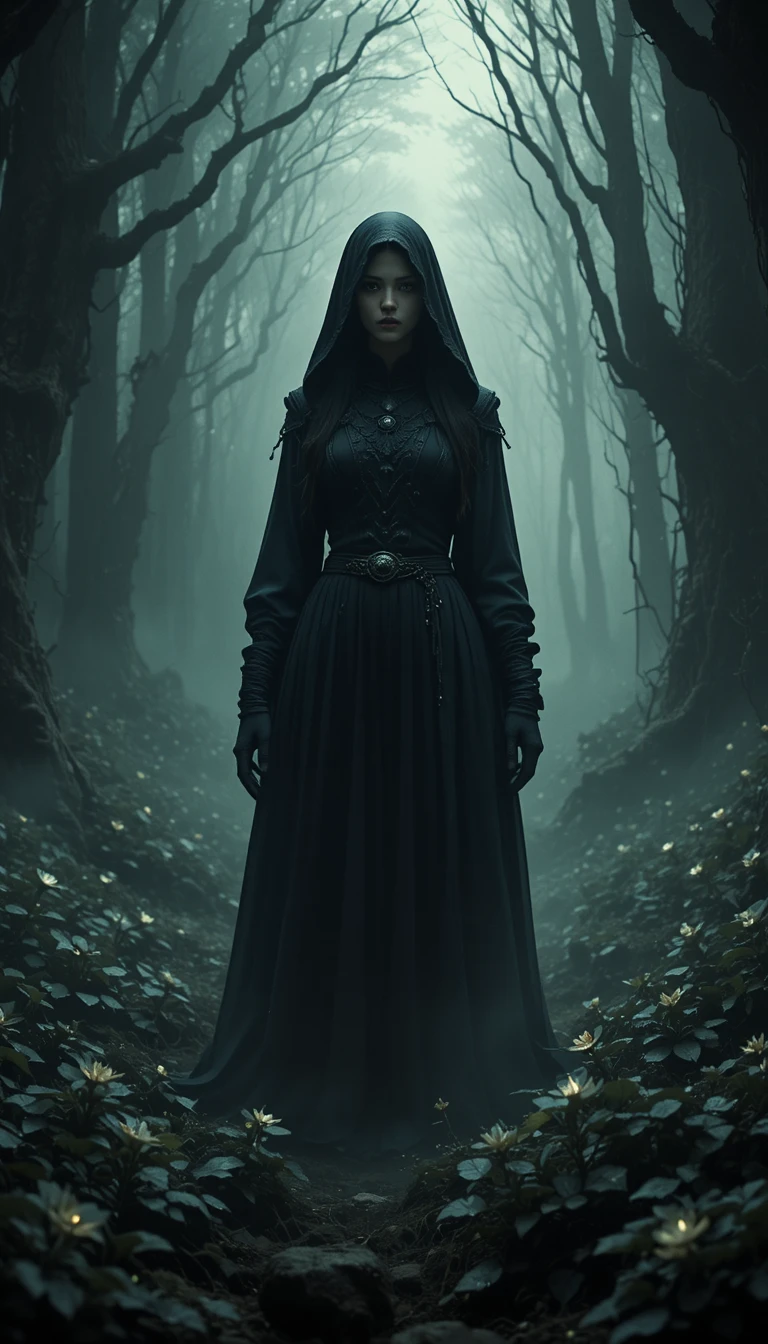 Mujer encapuchada rodeada de sombras en un bosque brumoso