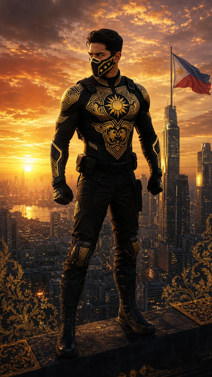 Héroe táctico enmascarado en negro y dorado al atardecer