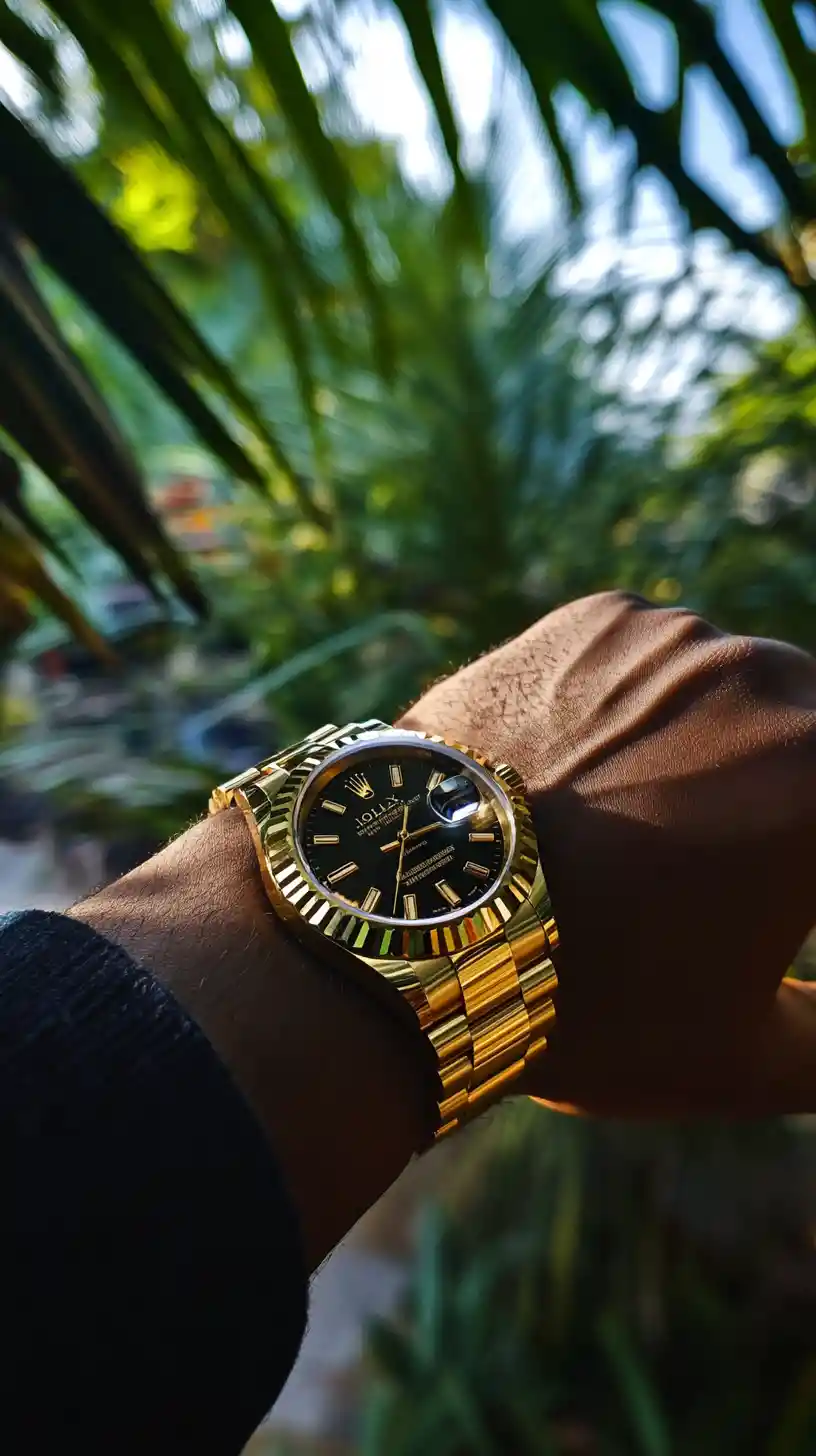 Montre en or 18 carats brillant sous la chaleur tropicale