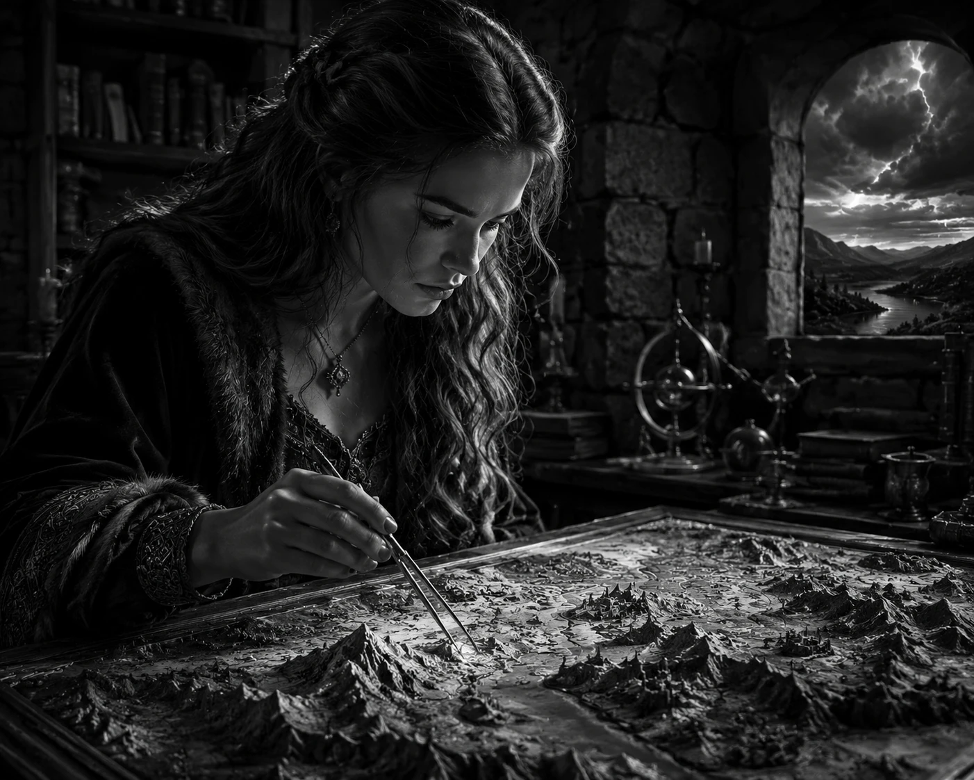 Joven mujer estudiando un diorama de mapa antiguo