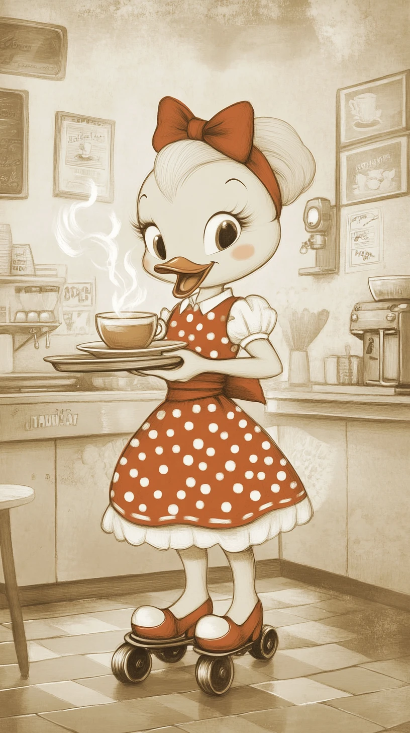 Adorable patito camarera sirviendo café sobre patines