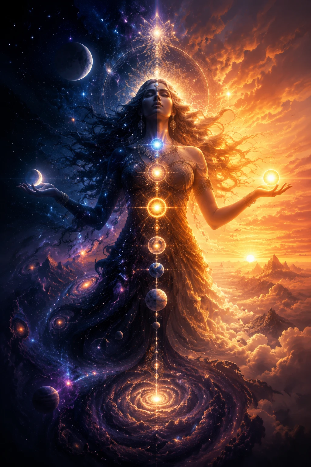 Figura astratta mistica unita all'infinito cosmo