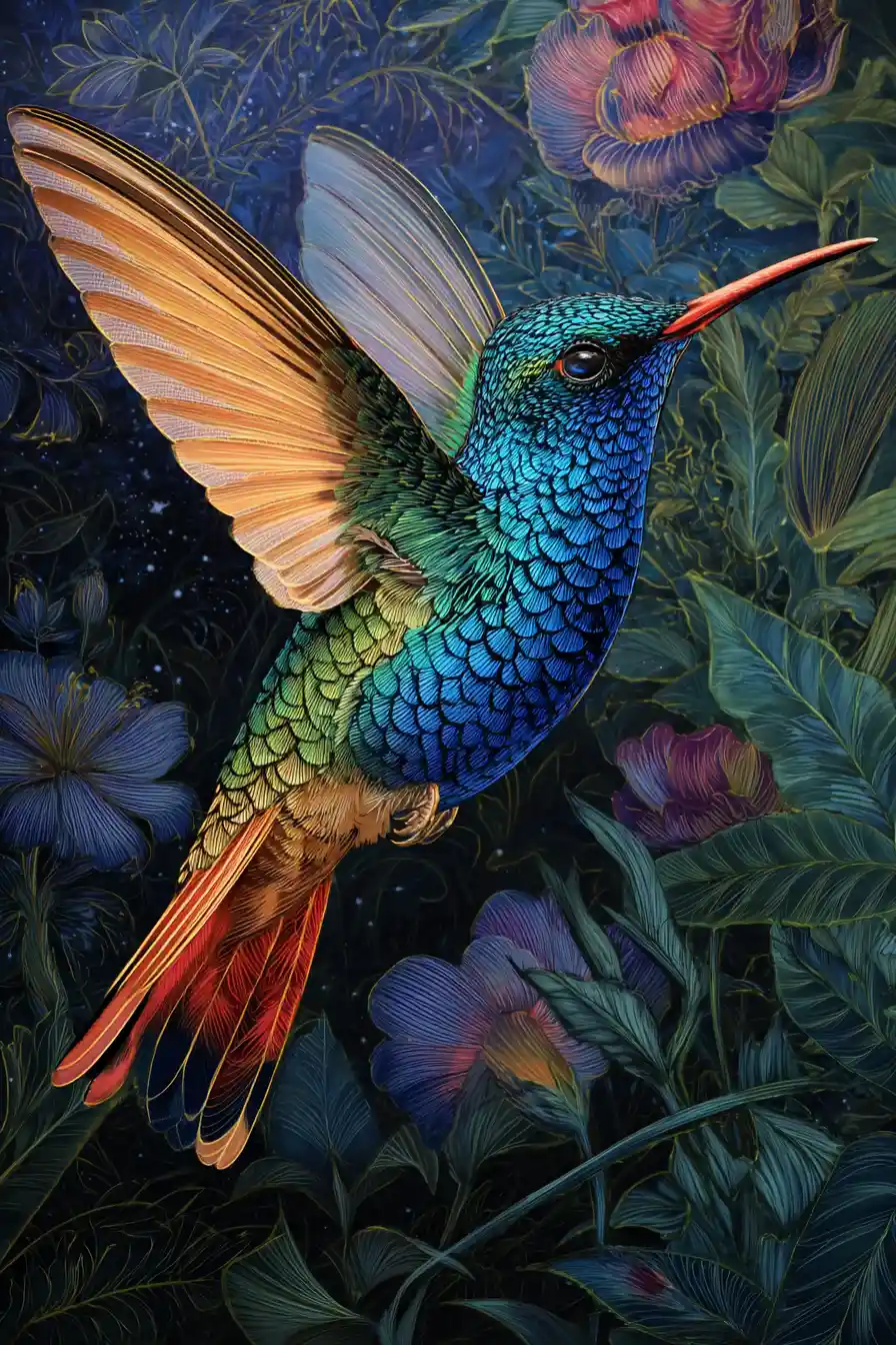Peinture colorée d’un colibri dans un mouvement tourbillonnant dynamique