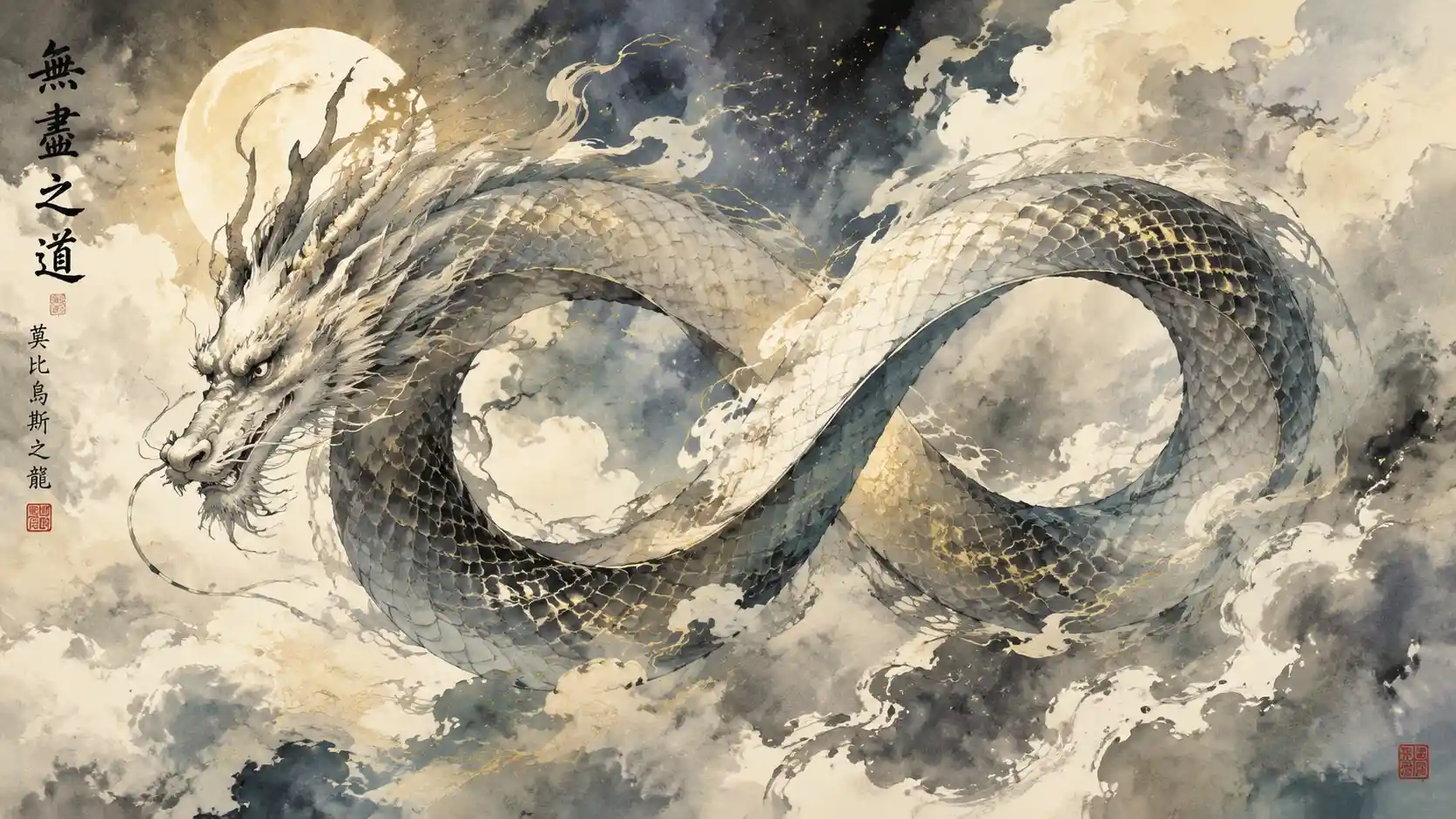 Celestial dragon spiraling through ethereal watercolor clouds