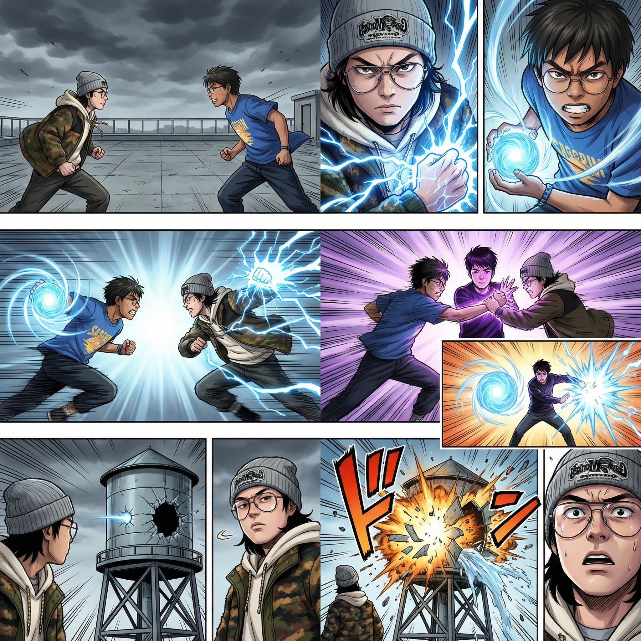 Duelo en la azotea en una página dinámica de manga anime