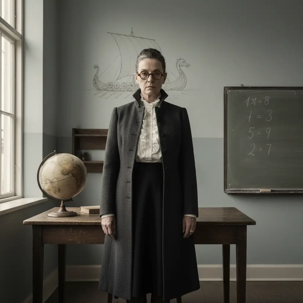 Institutrices suédoise sévère dans une scène de salle de classe vintage