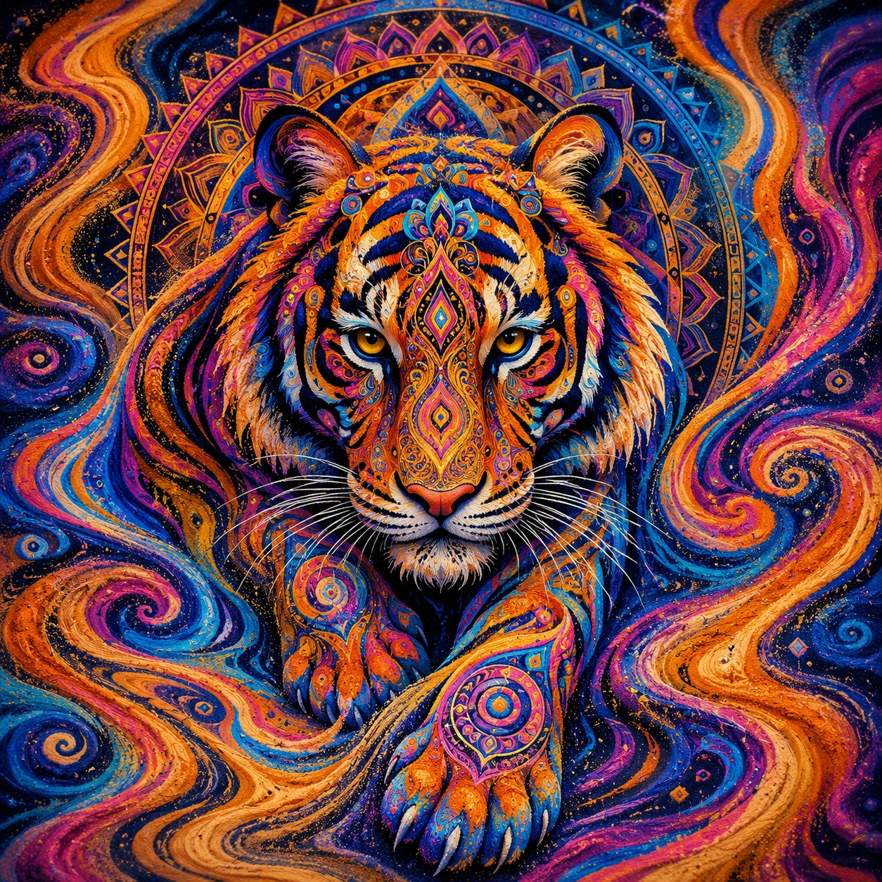 Tigre del Bengala in sabbia liquida astratta con motivi mandala