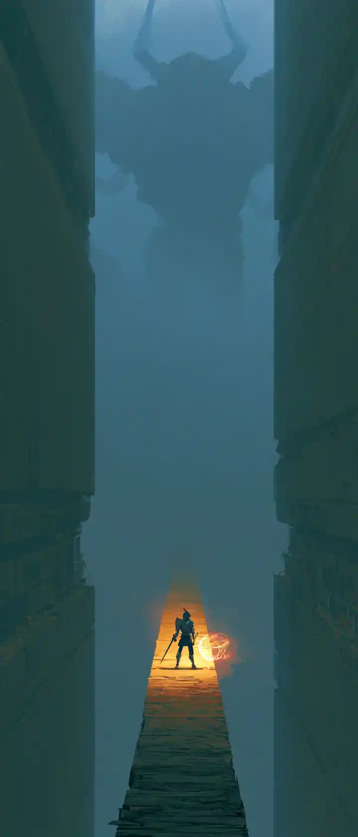 Winziger Anime-Ritter auf leuchtender Brücke vor riesigem Golem