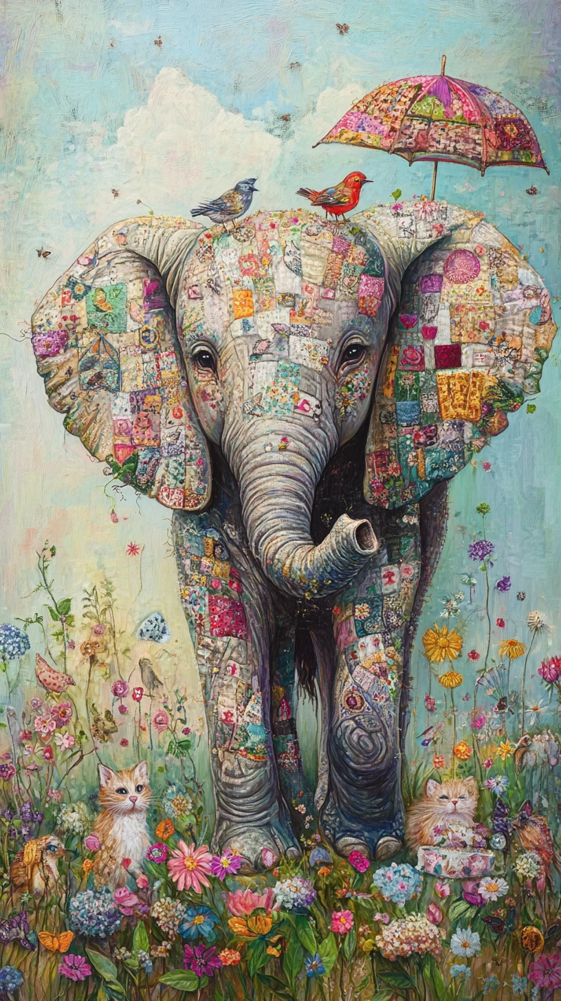 Dolce elefante con coperta di storie circondato dagli amici del bosco