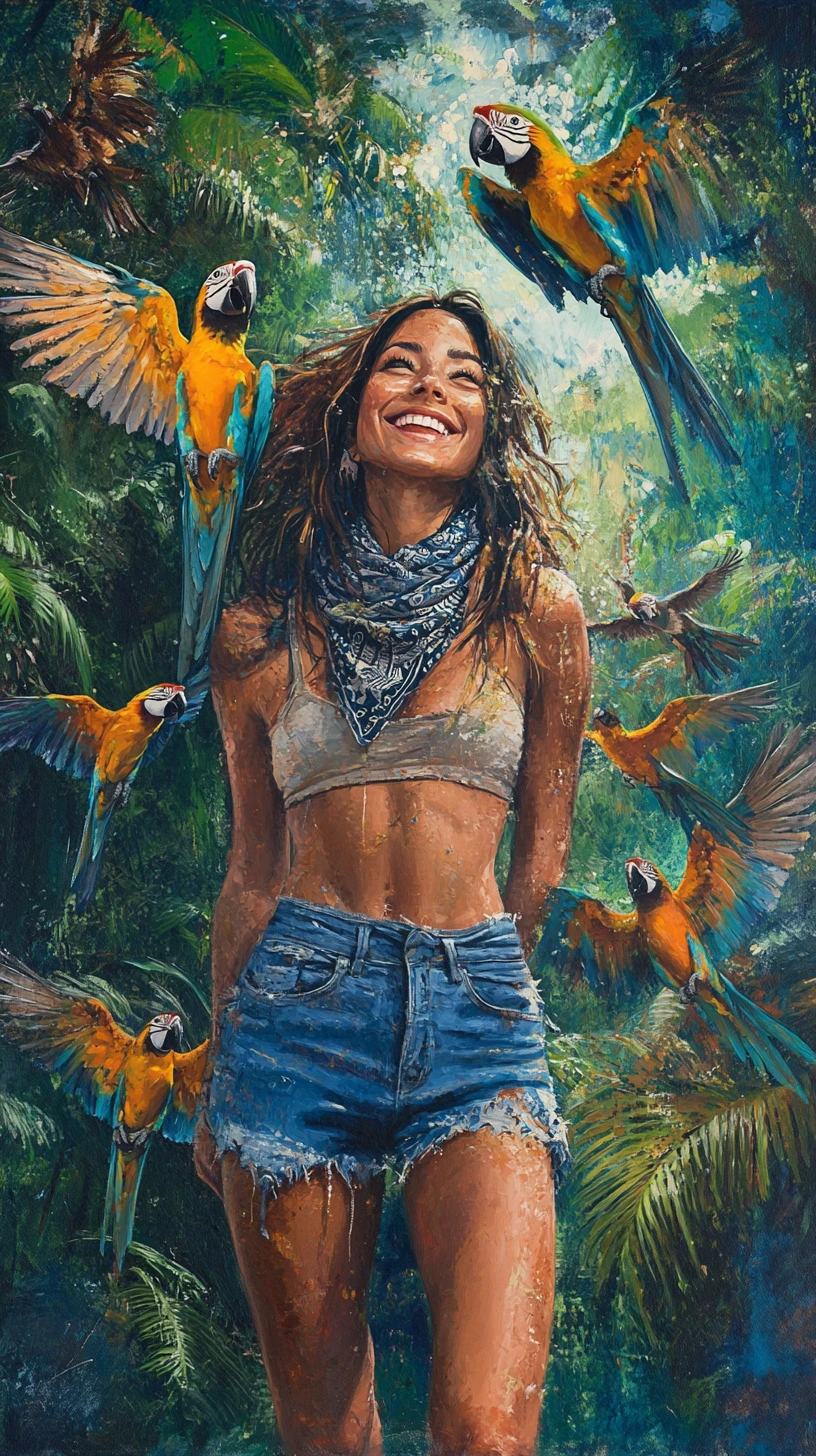 Mujer sonriente con loros en una exuberante jungla del Amazonas