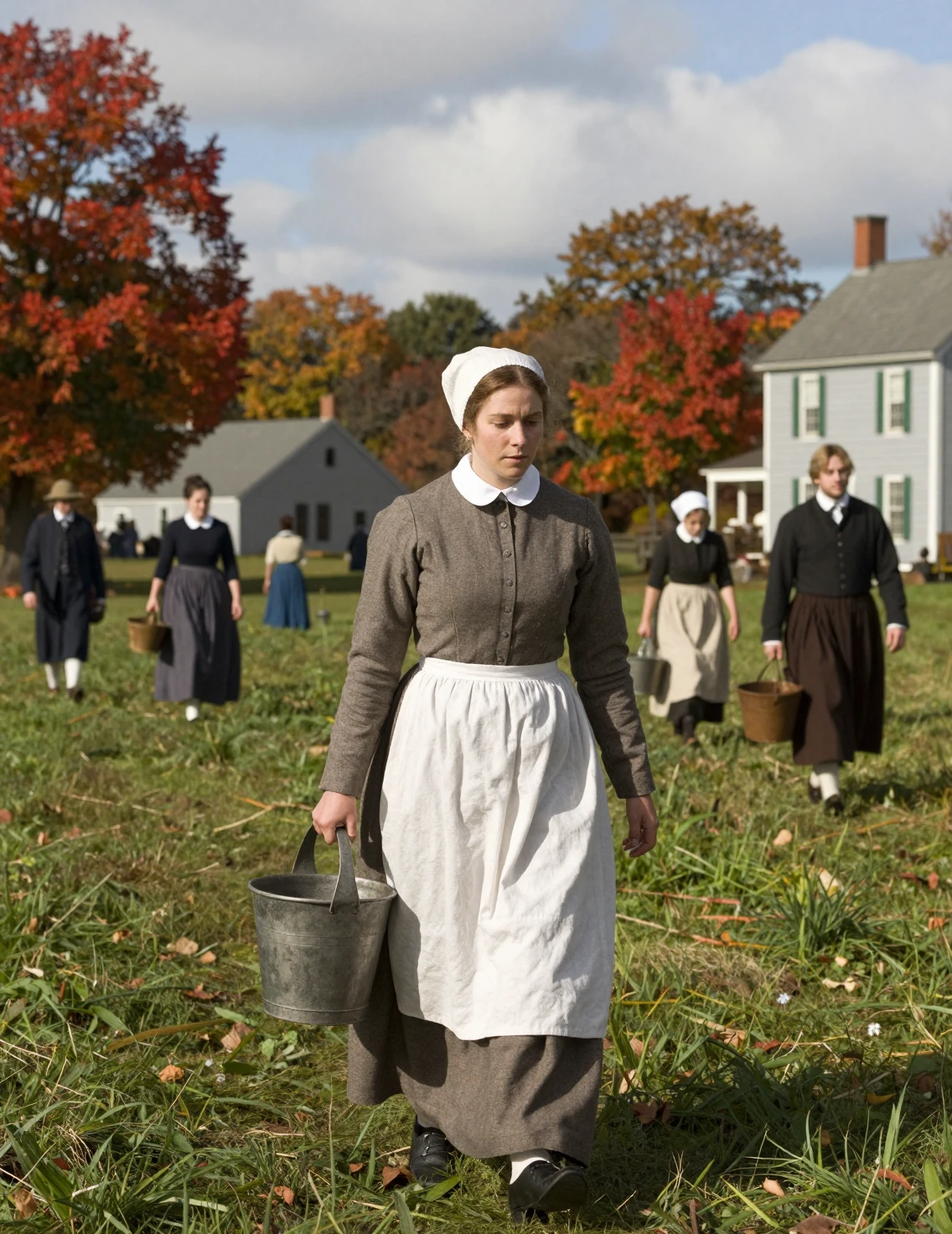 Puritan woman walking through a colonial New England town