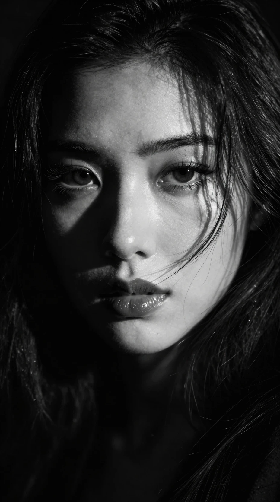 Retrato en primer plano dramático en blanco y negro de una mujer misteriosa