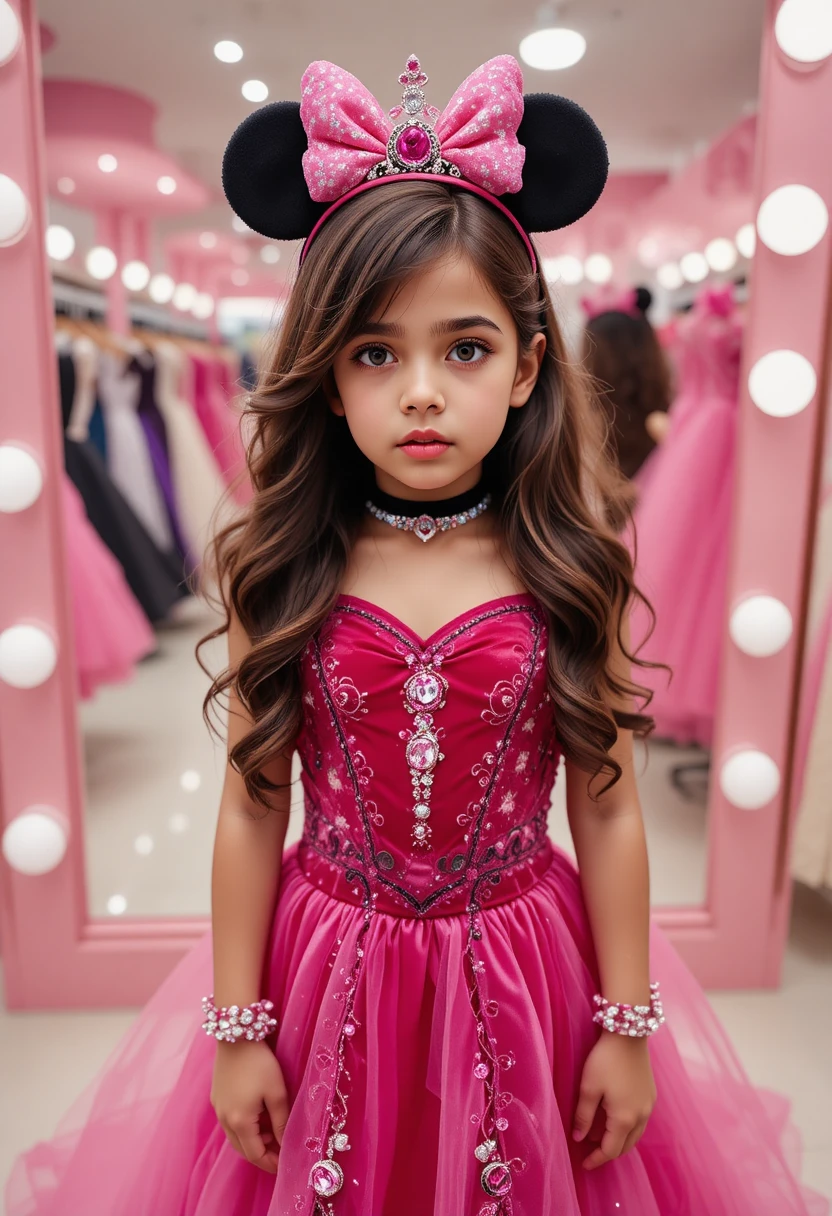 Niño hispano con vestido rosa de Minnie en tienda de vestidos