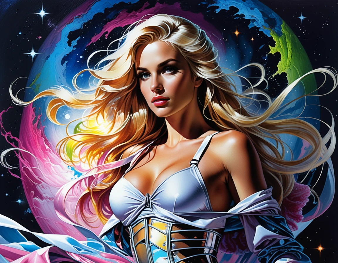 Donna fantasy in nebulosa cosmica con costume etereo fluttuante