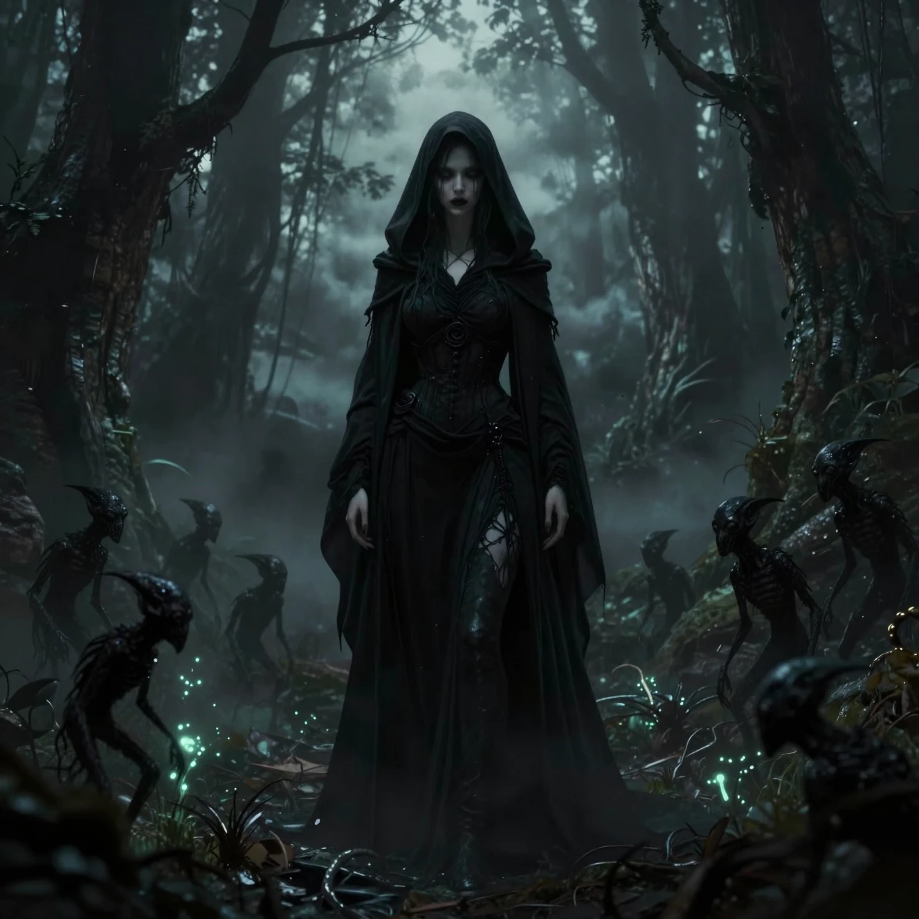 Mujer encapuchada en bosque oscuro con criaturas sombrías