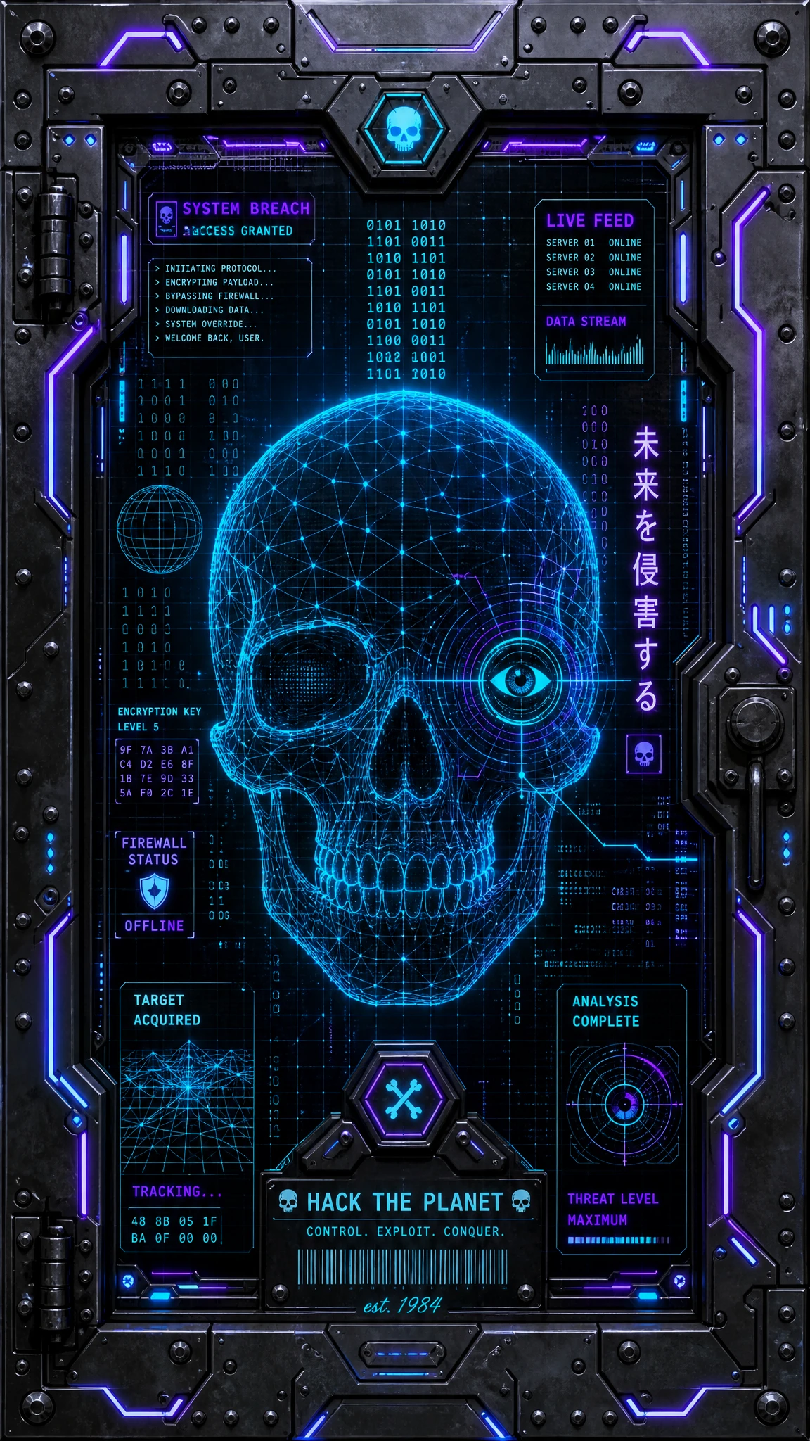 Futuristic Metal Door With Neon Cyberpunk Interface Design
